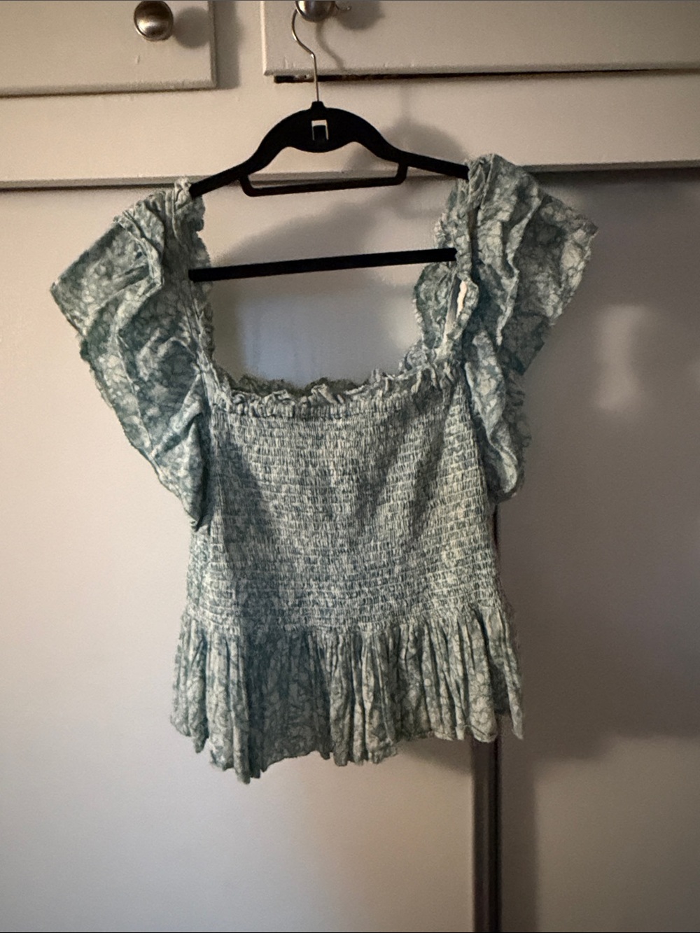Anthropologie Light Aqua Smocked Ruffle Sleeve Top
